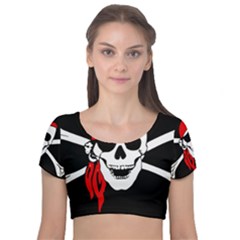 Pirate Skull Velvet Short Sleeve Crop Top 