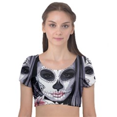 Sugar Skull Velvet Short Sleeve Crop Top 