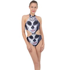 Sugar Skull Halter Side Cut Swimsuit