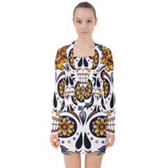 Sugar Skull V-neck Bodycon Long Sleeve Dress by StarvingArtisan