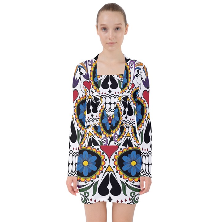 Cranium Sugar Skull V-neck Bodycon Long Sleeve Dress