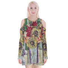 Sunflowers And Lamp Velvet Long Sleeve Shoulder Cutout Dress by bestdesignintheworld