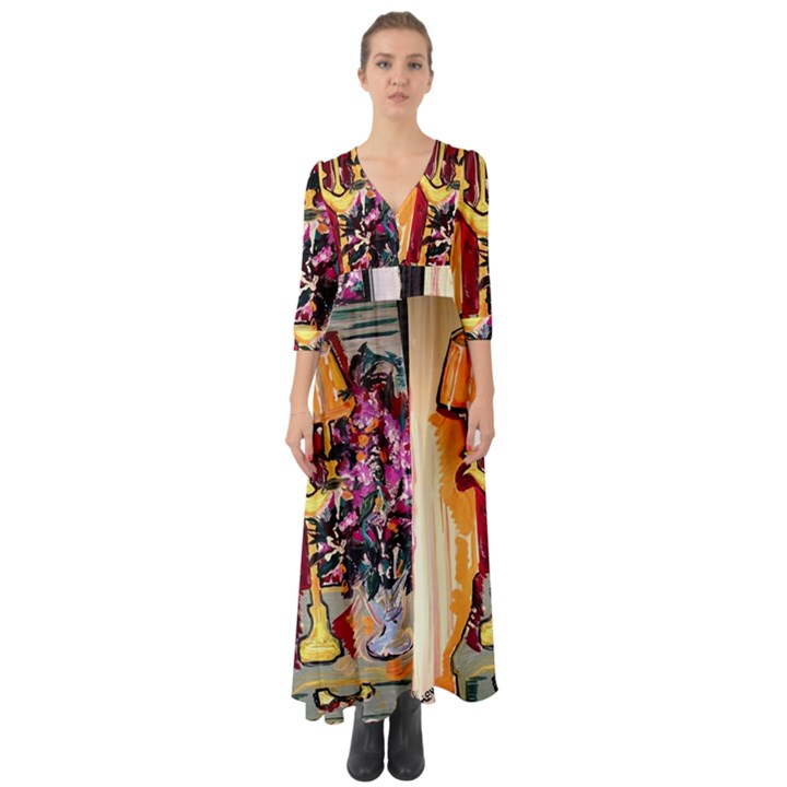 Still Life With Lamps And Flowers Button Up Boho Maxi Dress