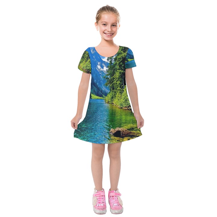 Beautiful Nature Lake Kids  Short Sleeve Velvet Dress