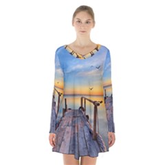 Sunset Lake Beautiful Nature Long Sleeve Velvet V-neck Dress