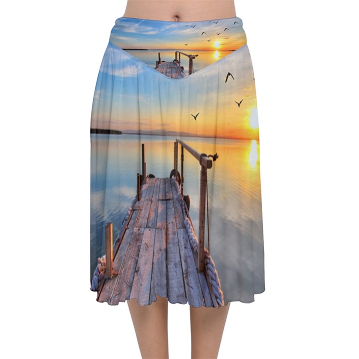 Sunset Lake Beautiful Nature Velvet Flared Midi Skirt