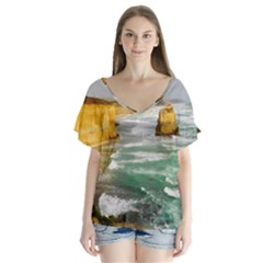 Coastal Landscape V-neck Flutter Sleeve Top by Modern2018