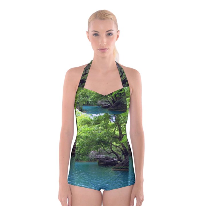 Backgrounds List Of Lake Background Beautiful Waterfalls Nature Boyleg Halter Swimsuit 