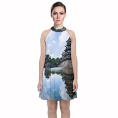 Beautiful Pagoda On Lake Nature Wallpaper Velvet Halter Neckline Dress 