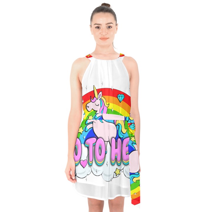 Go to Hell - Unicorn Halter Collar Waist Tie Chiffon Dress