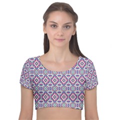 Colorful Folk Pattern Velvet Short Sleeve Crop Top  by dflcprints