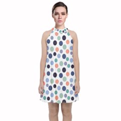 Dotted Pattern Background Blue Velvet Halter Neckline Dress 