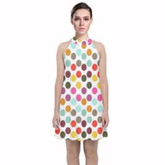 Dotted Pattern Background Velvet Halter Neckline Dress 