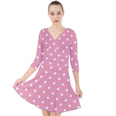 Pink Polka Dot Background Quarter Sleeve Front Wrap Dress by Modern2018