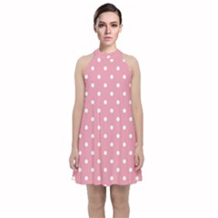 Pink Polka Dot Background Velvet Halter Neckline Dress 