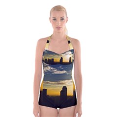 Skyline Sunset Buildings Cityscape Boyleg Halter Swimsuit  by Simbadda