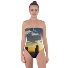 Skyline Sunset Buildings Cityscape Tie Back One Piece Swimsuit by Simbadda