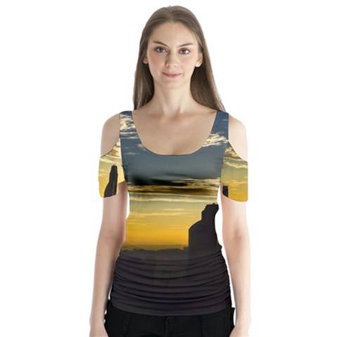 Skyline Sunset Buildings Cityscape Butterfly Sleeve Cutout Tee  by Simbadda