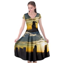 Skyline Sunset Buildings Cityscape Cap Sleeve Wrap Front Dress by Simbadda