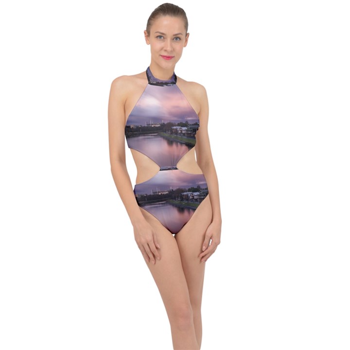 Sunset Melbourne Yarra River Halter Side Cut Swimsuit