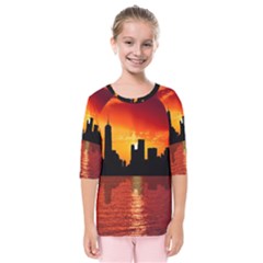 Skyline New York City Sunset Dusk Kids  Quarter Sleeve Raglan Tee