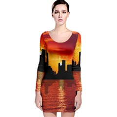 Skyline New York City Sunset Dusk Long Sleeve Velvet Bodycon Dress