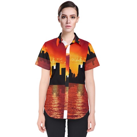 Skyline New York City Sunset Dusk Women s Short Sleeve Shirt by Simbadda