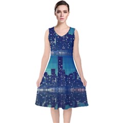 Skyscrapers City Skyscraper Zirkel V-neck Midi Sleeveless Dress  by Simbadda