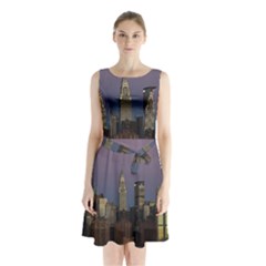 Skyline City Manhattan New York Sleeveless Waist Tie Chiffon Dress by Simbadda