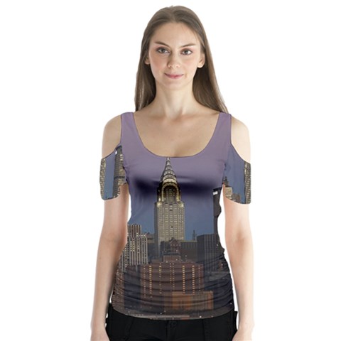 Skyline City Manhattan New York Butterfly Sleeve Cutout Tee  by Simbadda