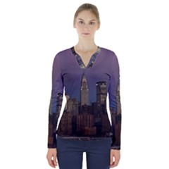 Skyline City Manhattan New York V-neck Long Sleeve Top by Simbadda