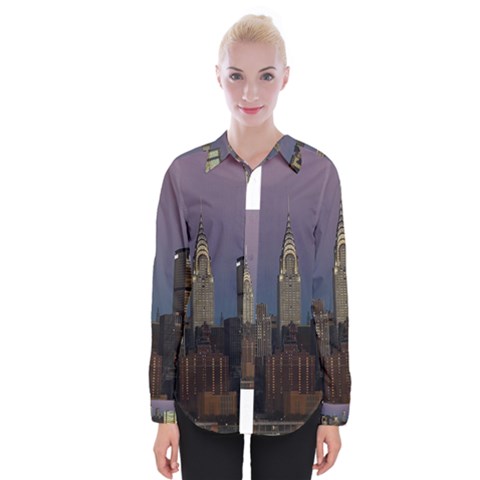 Skyline City Manhattan New York Womens Long Sleeve Shirt by Simbadda