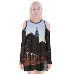 New York City Skyline Building Velvet Long Sleeve Shoulder Cutout Dress by Simbadda