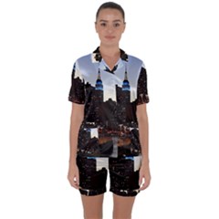 New York City Skyline Building Satin Short Sleeve Pyjamas Set by Simbadda