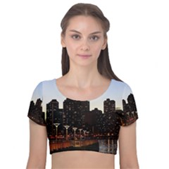 New York City Skyline Building Velvet Short Sleeve Crop Top  by Simbadda