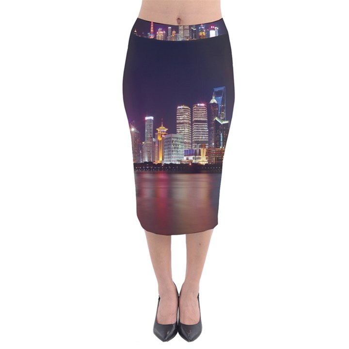 Building Skyline City Cityscape Velvet Midi Pencil Skirt