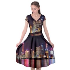 Building Skyline City Cityscape Cap Sleeve Wrap Front Dress