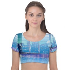 Skyscrapers City Skyscraper Zirkel Velvet Short Sleeve Crop Top  by Simbadda