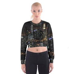 City At Night Lights Skyline Cropped Sweatshirt by Simbadda