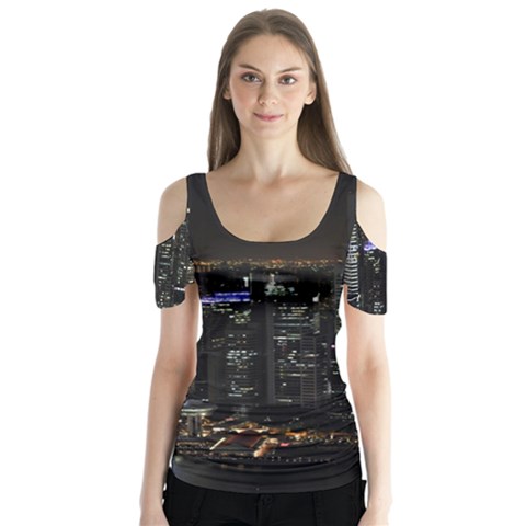 City At Night Lights Skyline Butterfly Sleeve Cutout Tee  by Simbadda