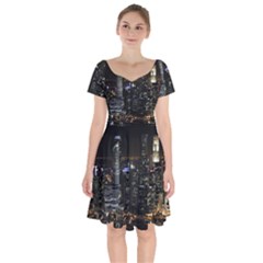 City At Night Lights Skyline Short Sleeve Bardot Dress by Simbadda