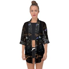 City At Night Lights Skyline Open Front Chiffon Kimono by Simbadda