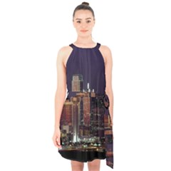 Dallas Texas Skyline Dusk Usa Halter Collar Waist Tie Chiffon Dress