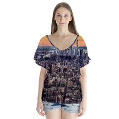 New York Skyline Architecture Nyc V-neck Flutter Sleeve Top