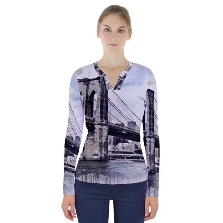 City Skyline Skyline City Cityscape V-Neck Long Sleeve Top