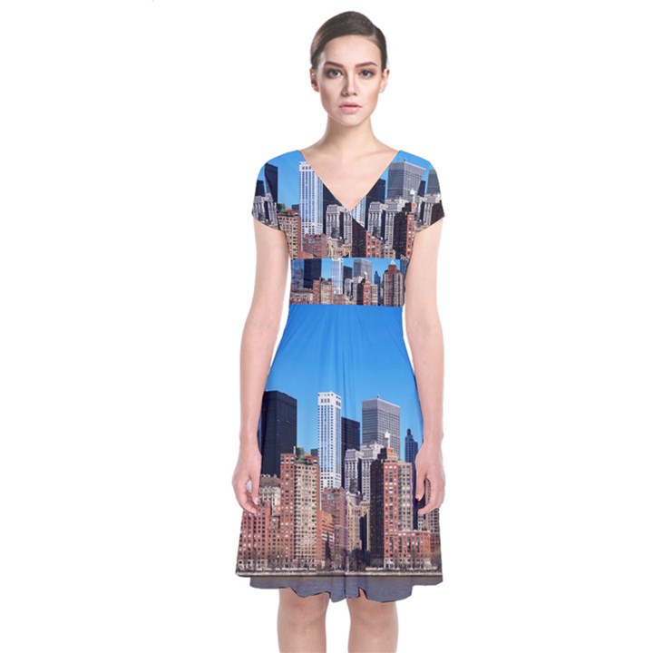 Skyscraper Architecture City Short Sleeve Front Wrap Dress