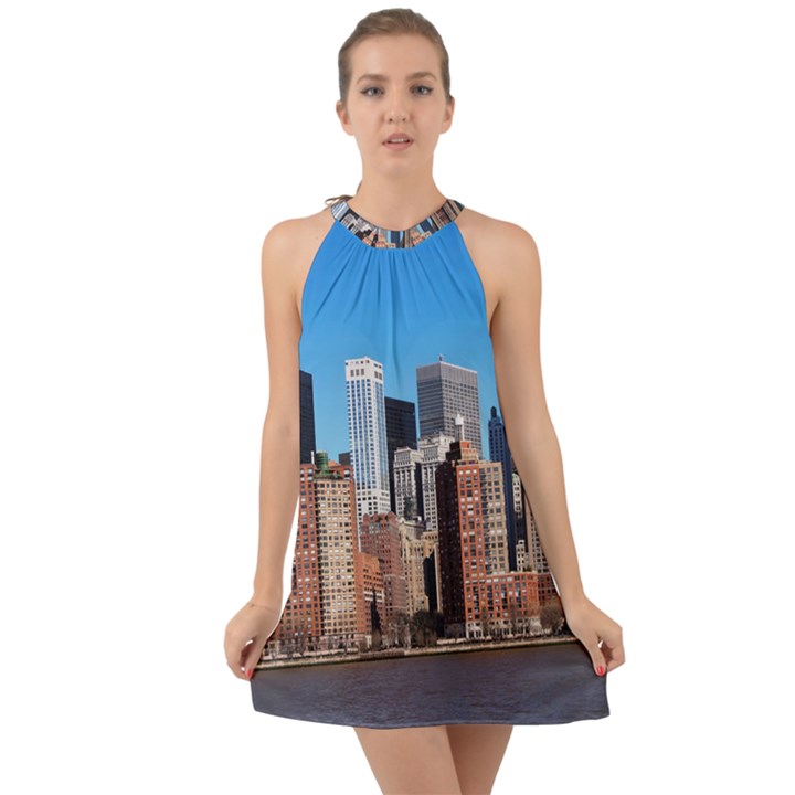 Skyscraper Architecture City Halter Tie Back Chiffon Dress