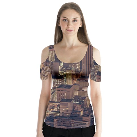 New York City Skyline Nyc Butterfly Sleeve Cutout Tee  by Simbadda