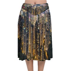 Panorama Urban Landscape Town Center Velvet Flared Midi Skirt by Simbadda