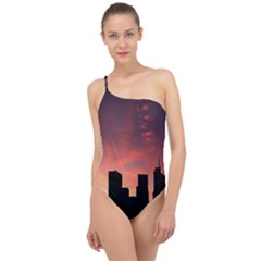 Skyline Panoramic City Architecture Classic One Shoulder Swimsuit by Simbadda